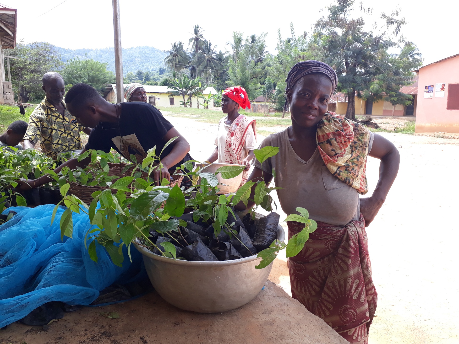 A smiling woman standing next to a large basin of plant seedlings, with other community members working in the background.